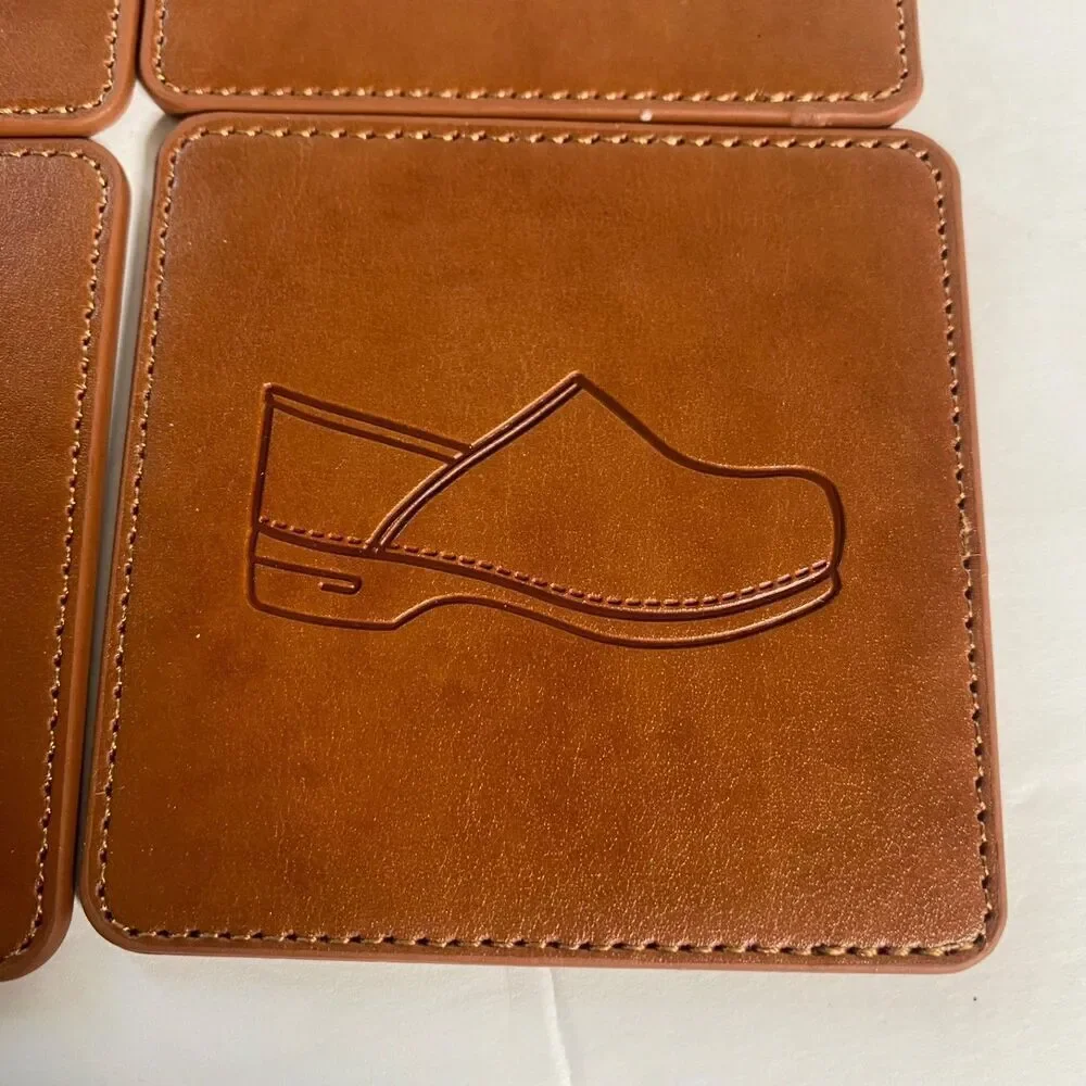 Dansko Leather Coaster Set of 4 Brown Logo Shoe Imprint 3.5” Square Nurse Gift